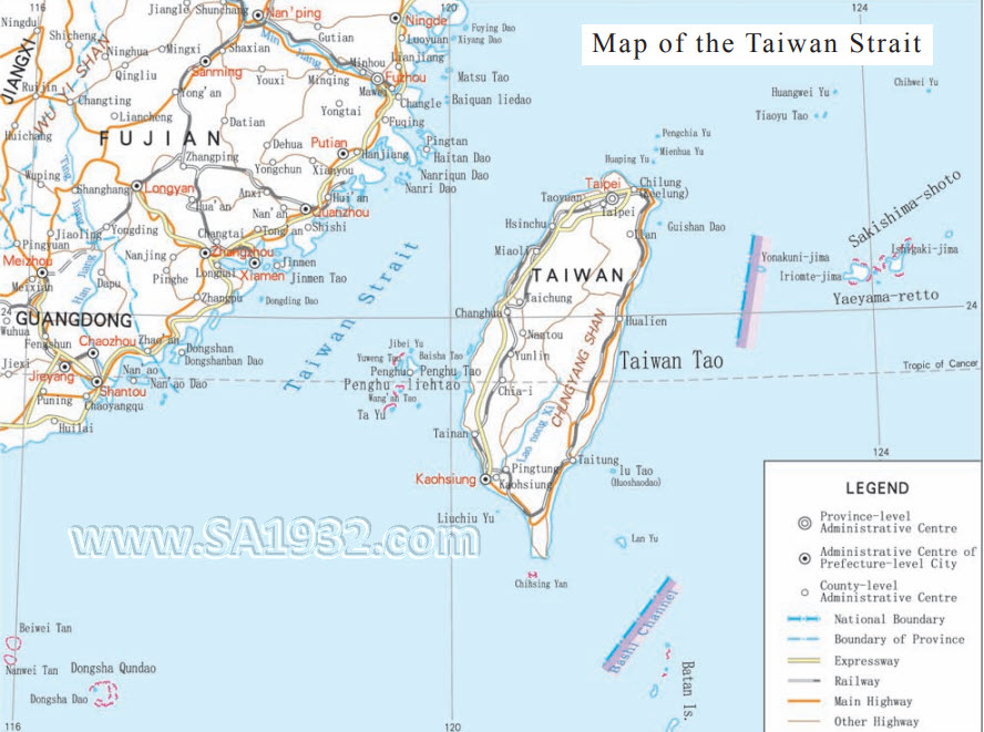 خريطة مضيق تايوان وجزيرة تايوان