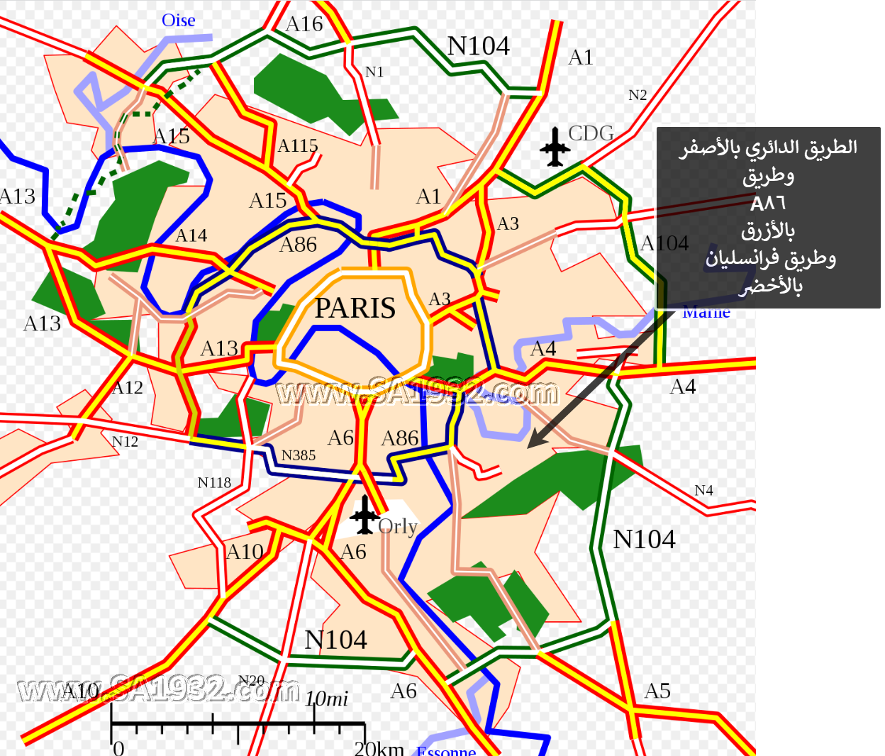 باريس الطريق الدائري بالأصفر، وطريق A86 بالأزرق، وطريق فرانسليان بالأخضر