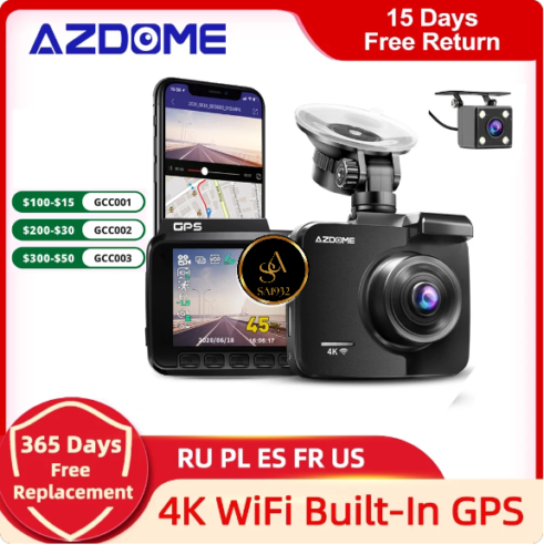 AZDOME GS63H Dash Cam Dual Lens 4K UHD Recording Car Camera DVR Night Vision WDR Built-In GPS Wi-Fi G-Sensor Motion Detection