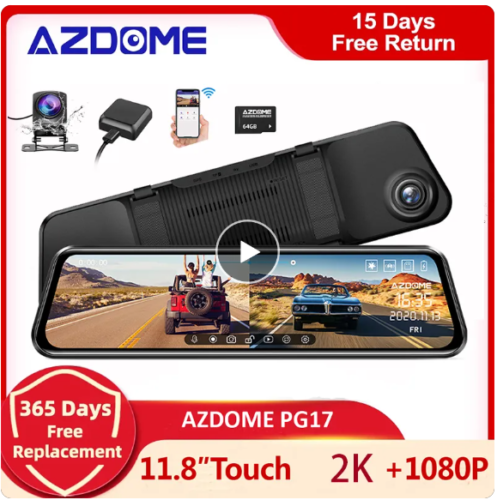 AZDOME PG17 Car Mirror DVR GPS 1080P Dual Cams 11.8inch Touch Screen RearView Dash Cam Stream Media Video Recorder Night Vision