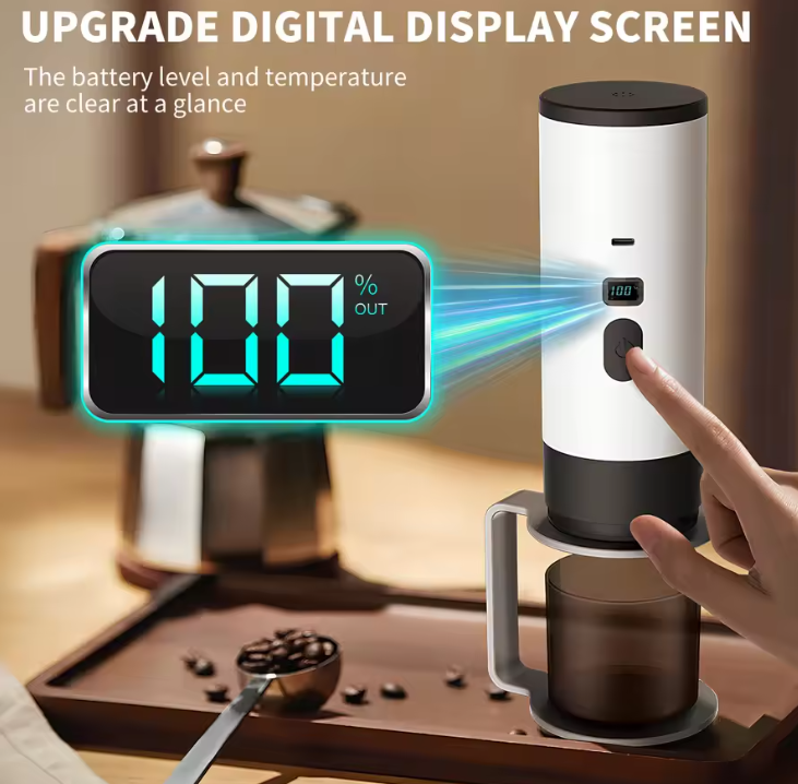 A well-equipped modern kitchen counter with a sleek and stylish coffee machine in the foreground. The machine has a polished stainless steel body, intuitive controls, and a carafe to brew fresh aromatic coffee. The middle ground features a selection of premium coffee beans, a mug, and other barista-style accessories. The background showcases a cozy, minimalist interior with natural lighting flooding the scene, creating a warm and inviting atmosphere. The overall composition conveys the importance of selecting the right coffee maker for travel and outdoor adventures, ensuring a perfect cup of coffee anywhere.