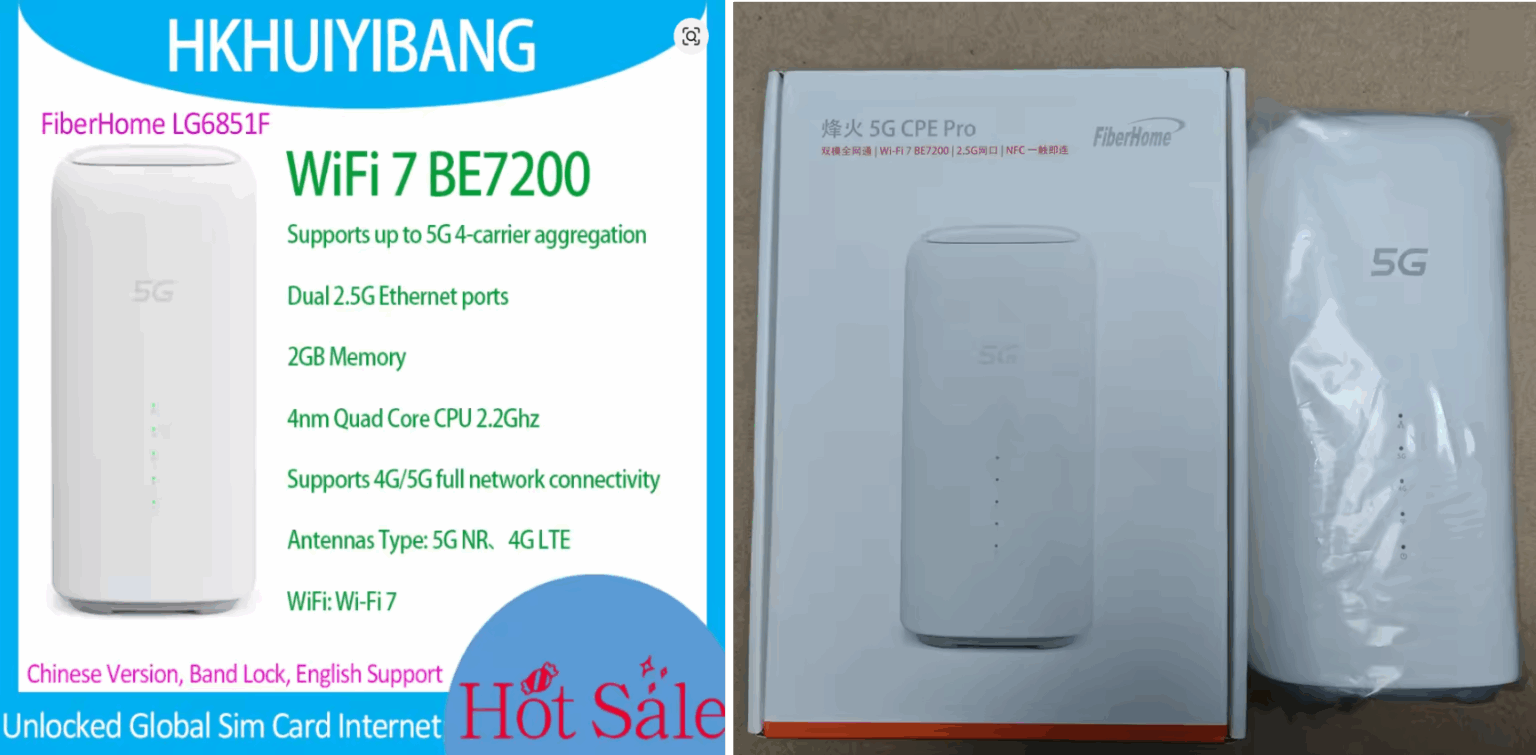 Unlocked FiberHome 5G CPE Pro LG6851F BE7200 WiFi 7 Router NFC Dual 2.5G Lan Ports 5G 4G LTE Cat19 Sim Wireless Modem Band Lock