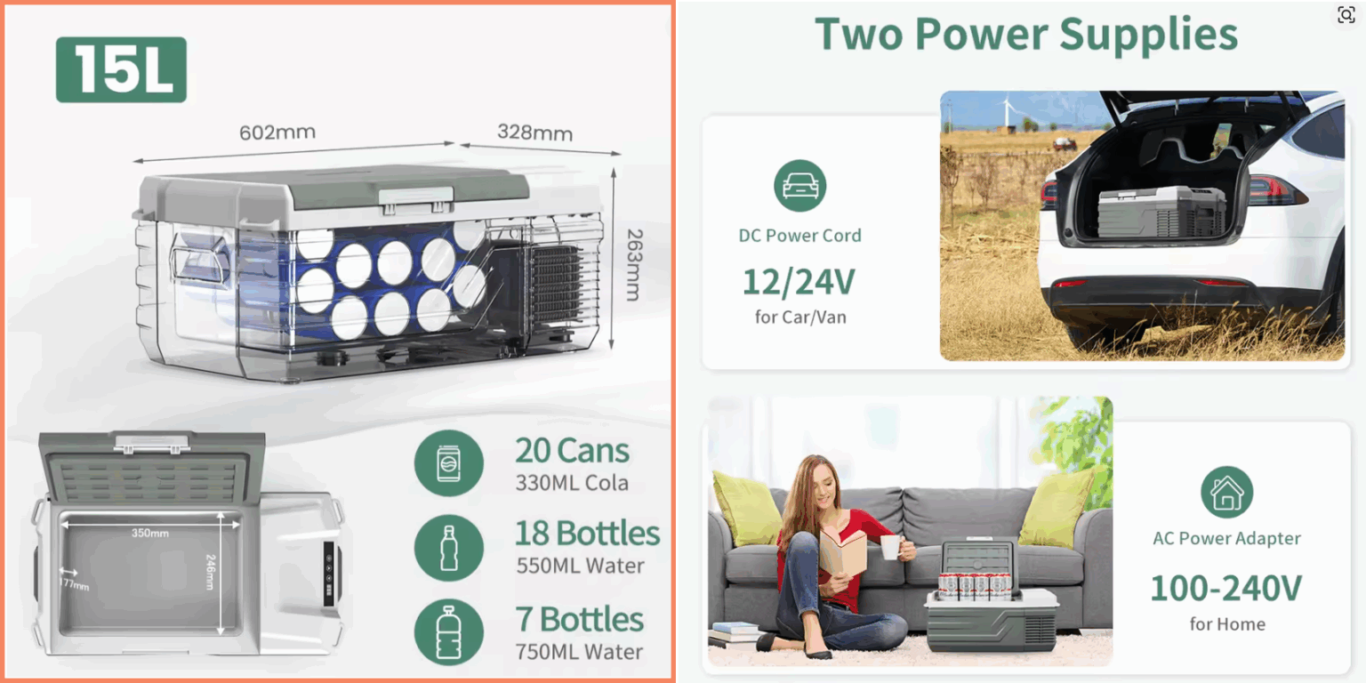 ثلاجة سيارة محمولة براد سيارات صغير ثلاجة تخييم 15 لتر مبرد سيارة 12 فولت ثلاجة متنقلة للسيارة مبرد مشروبات للسيارة