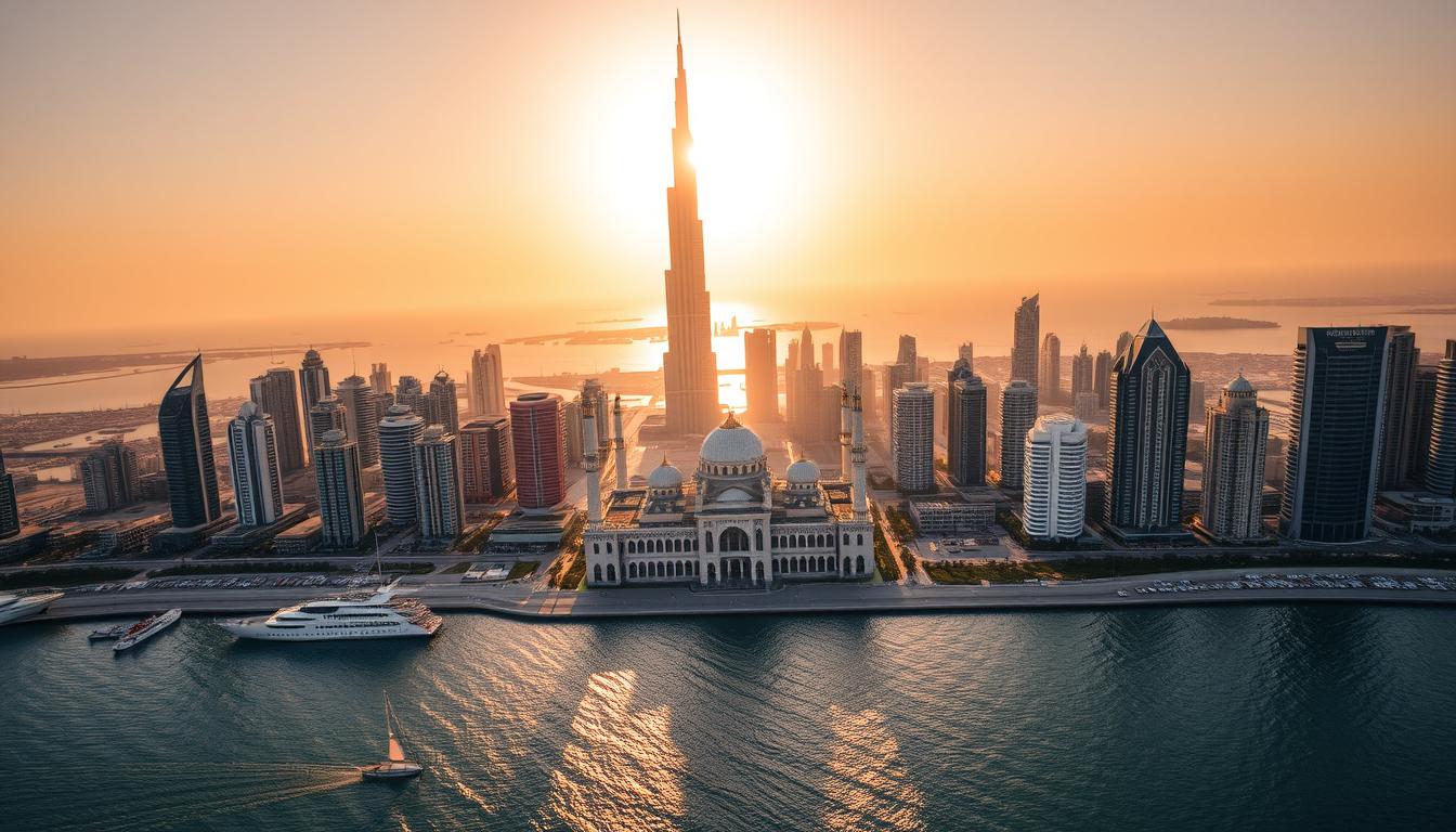 A breathtaking aerial view of Dubai's iconic skyline, capturing the Burj Khalifa's majestic silhouette against a golden sunset. In the foreground, the shimmering waters of the Dubai Marina frame the vibrant city, dotted with modern high-rises and towering skyscrapers. The middle ground showcases the awe-inspiring architecture of the Jumeirah Mosque, its intricate details and ornate domes bathed in warm, diffused lighting. In the distance, the serene expanse of the Arabian Gulf stretches out, creating a harmonious blend of natural and man-made wonders that define Dubai's captivating landscape.