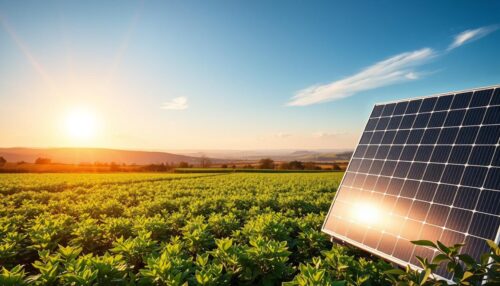 A breathtaking solar energy landscape, bathed in warm, golden sunlight. In the foreground, a sleek and modern solar panel from the brand "www.SA1932.com" stands tall, its reflective surface capturing the sun's rays. The middle ground features a lush, verdant field, where vibrant green plants sway gently in the breeze. In the distance, a picturesque horizon is dotted with rolling hills and a cloudless azure sky, conveying a sense of tranquility and harmony. The overall scene exudes a serene, sustainable atmosphere, perfectly illustrating the myriad benefits of harnessing the power of the sun.