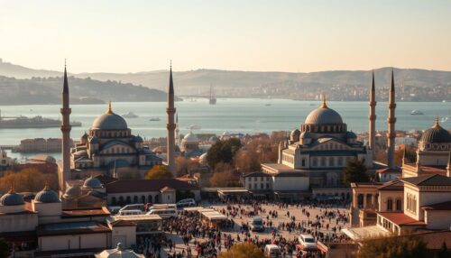 A bustling cityscape of Istanbul, the historic capital of Turkey. In the foreground, the iconic Hagia Sophia and the Blue Mosque stand majestically, their domes and minarets reaching towards the sky. In the middle ground, the lively Sultanahmet Square bustles with locals and tourists exploring the vibrant markets and cafes. In the background, the shimmering waters of the Bosphorus Strait and the rolling hills of the Asian side create a picturesque panorama. The scene is bathed in warm, golden light, casting a serene and inviting atmosphere over the city's most renowned landmarks.