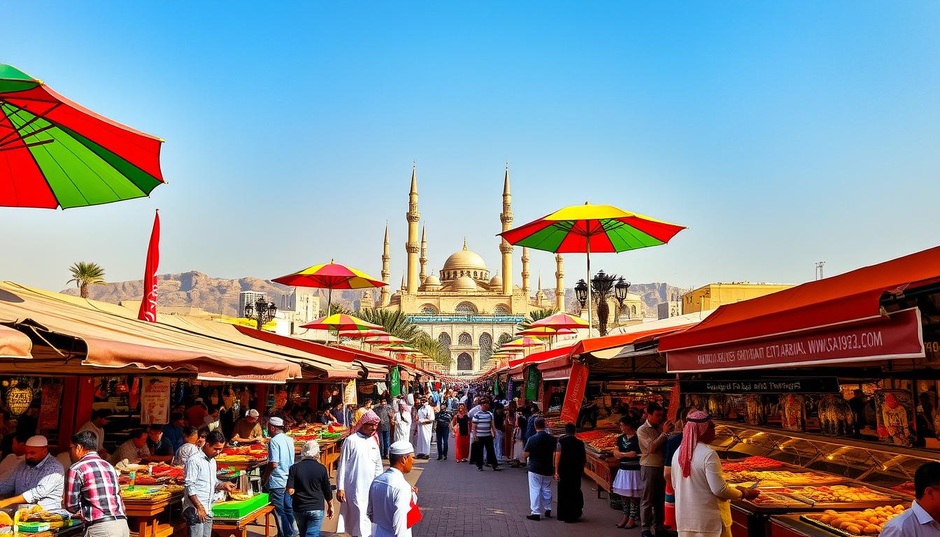 A bustling open-air marketplace in the heart of Saudi Arabia, featuring an array of traditional and contemporary Saudi restaurants. The scene is filled with the tantalizing aromas of aromatic spices, sizzling grills, and freshly baked breads. Vibrant umbrellas and banners sway in the gentle breeze, casting warm shadows over the lively crowd of diners and vendors. In the background, a stunning skyline of towering minarets and domes rises majestically. The atmosphere is one of rich cultural heritage and a thriving culinary scene. www.SA1932.com