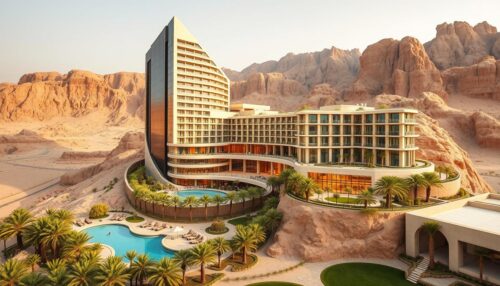 A modern and luxurious hotel complex nestled within the stunning desert landscape of Al-Ula, Saudi Arabia. Towering over the ancient rock formations, the hotel features a sleek, contemporary design with sharp angles and clean lines. Expansive glass facades offer breathtaking views of the rugged terrain. The interior is bathed in warm, natural lighting, creating a serene and welcoming ambiance. Lush, well-manicured gardens and tranquil water features surround the property, providing a peaceful oasis. Guests can enjoy top-of-the-line amenities, including an infinity pool, spa, and gourmet dining establishments. The hotel seamlessly blends modern luxury with the timeless, awe-inspiring beauty of the Al-Ula region.