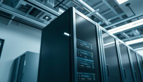 A modern web server hosting complex web applications, with a sleek and minimalist design. The server's rack is situated in a well-lit, climate-controlled data center, with a subtle industrial aesthetic. Soft, diffused lighting illuminates the server's clean lines and high-end components, creating a sense of technological sophistication. The background features a muted color palette, with hints of blues and grays, complementing the server's chrome and steel finishes. The composition emphasizes the server's role as the backbone of a robust and reliable web hosting infrastructure, catering to the needs of medium to large-scale web projects.