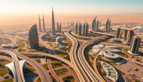 A panoramic aerial view of the upcoming megaprojects in Saudi Arabia, showcasing a futuristic cityscape with towering skyscrapers, innovative transportation systems, and expansive green spaces. The scene is bathed in warm, golden sunlight, creating a sense of optimism and progress. In the foreground, a network of high-speed rail lines and electric vehicles weave through meticulously planned urban landscapes, while in the middle ground, cutting-edge residential and commercial complexes rise up, embodying Saudi Arabia's commitment to sustainable development. The background features a backdrop of undulating desert landscapes, punctuated by the silhouettes of iconic landmarks that symbolize the nation's rich cultural heritage. The overall composition conveys a vision of a prosperous, technologically advanced, and environmentally conscious Saudi Arabia, poised to shape the future of the region.