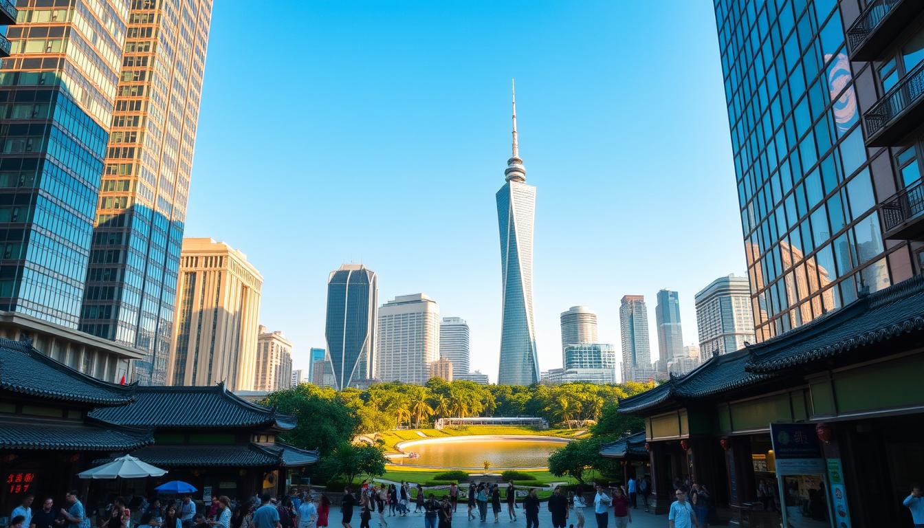 A picturesque cityscape of Guangzhou, the vibrant capital of Guangdong province, China. Towering skyscrapers of glass and steel rise against a clear blue sky, their sleek facades reflecting the sun's rays. In the foreground, a bustling street lined with traditional Chinese architecture, with locals and tourists mingling amidst the lively atmosphere. In the middle ground, a serene park with lush greenery and a serene lake, where people stroll and relax. In the background, the iconic Canton Tower, a striking modern landmark, stands tall, illuminating the skyline. The scene is bathed in warm, golden light, creating a welcoming and inviting ambiance. www.SA1932.com