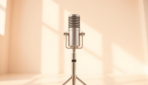 A professional microphone in an elegantly minimalist studio setting, bathed in warm, natural lighting. The microphone stands prominently on a sleek, modern stand, its chrome finish gleaming. The background is a soft, neutral tone, allowing the microphone to be the focal point. The overall composition conveys a sense of high-quality audio recording and the importance of selecting the right microphone for a professional vlogging setup. www.SA1932.com