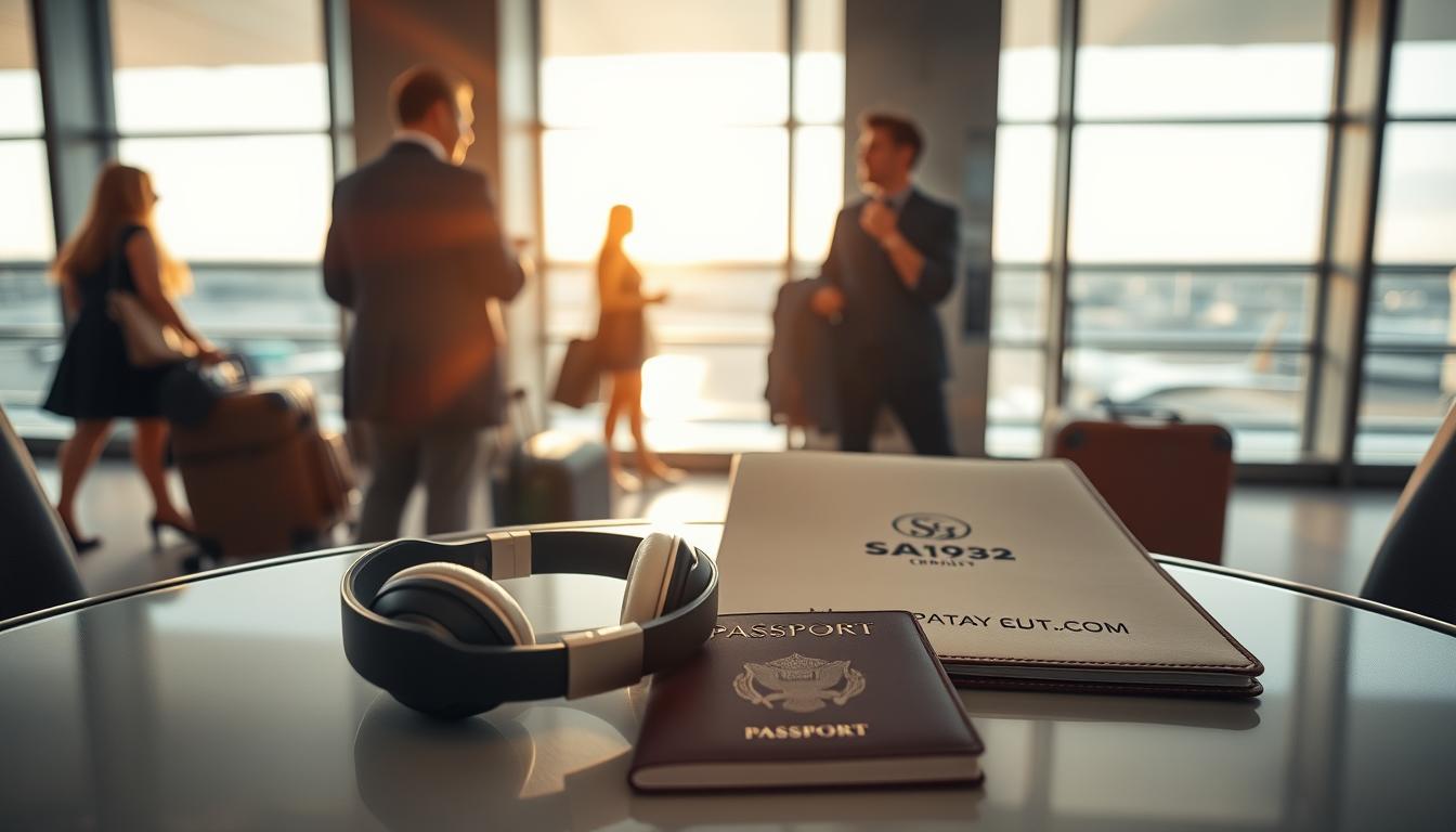A serene airport lounge, flooded with warm, natural light streaming through large windows. Elegant travelers, their luggage neatly organized, engage in relaxed conversation, anticipating their journey to the vibrant city of Pattaya, Thailand. In the foreground, a beautifully designed travel itinerary rests on a sleek, minimalist table, accompanied by a pair of high-quality noise-cancelling headphones and a premium leather passport holder, all bearing the logo of www.SA1932.com. The overall atmosphere exudes a sense of effortless sophistication and excitement for the adventures that await.