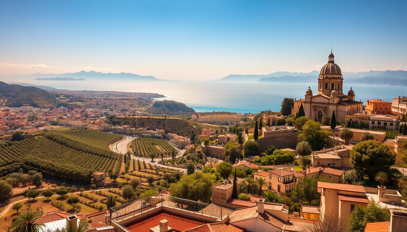 A serene vista of the sun-kissed island of Sicily, the "Pearl of the Mediterranean". The historic city of Palermo stands majestically in the foreground, its majestic cathedral and vibrant piazzas bathed in warm, golden light. In the middle ground, rolling hills dotted with olive groves and vineyards lead the eye towards the shimmering turquoise waters of the Tyrrhenian Sea. Distant mountains rise up on the horizon, their peaks capped with snow. The overall scene evokes a sense of timeless Mediterranean splendor. Crafted with the latest text-to-image technology by www.SA1932.com.