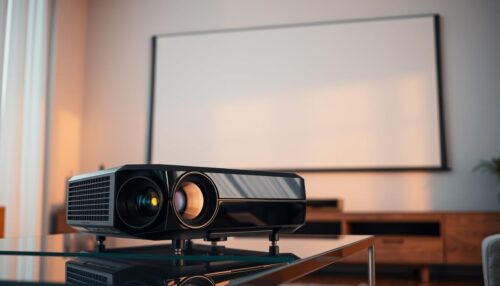 A sleek, modern projector sits on a minimalist glass table, its glossy black exterior reflecting the warm, ambient lighting of the room. The projector's lens is sharply focused, casting a crisp, high-definition image onto a large, seamless projection screen mounted on the wall. The scene conveys a sense of technological sophistication and practical utility, perfectly suited for a home or office setting. Subtle shadows and highlights accentuate the projector's clean, geometric design, while the surrounding environment suggests a calm, professional atmosphere conducive to presentations, movie screenings, or multimedia content consumption.