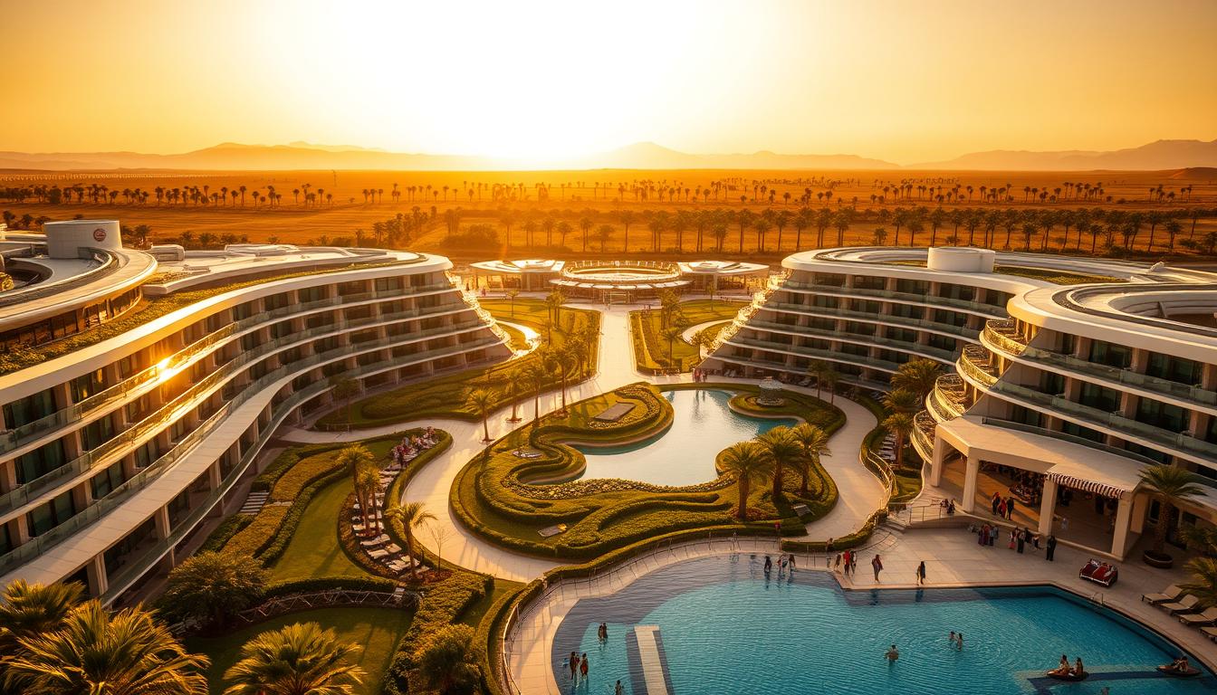 A sprawling, modern hotel complex nestled in the heart of the Saudi Arabian landscape. Sleek, glass-paneled buildings glisten in the warm, golden sunlight, surrounded by lush, manicured gardens and winding pathways. In the foreground, a group of guests can be seen relaxing by the swimming pool, enjoying the tranquil atmosphere. The middle ground features a bustling lobby, with guests checking in and out, and staff tending to their needs. In the background, the silhouettes of towering palm trees and distant mountains create a picturesque, serene backdrop. The overall scene conveys a sense of luxury, comfort, and hospitality that is quintessential to the Saudi hospitality industry. www.SA1932.com