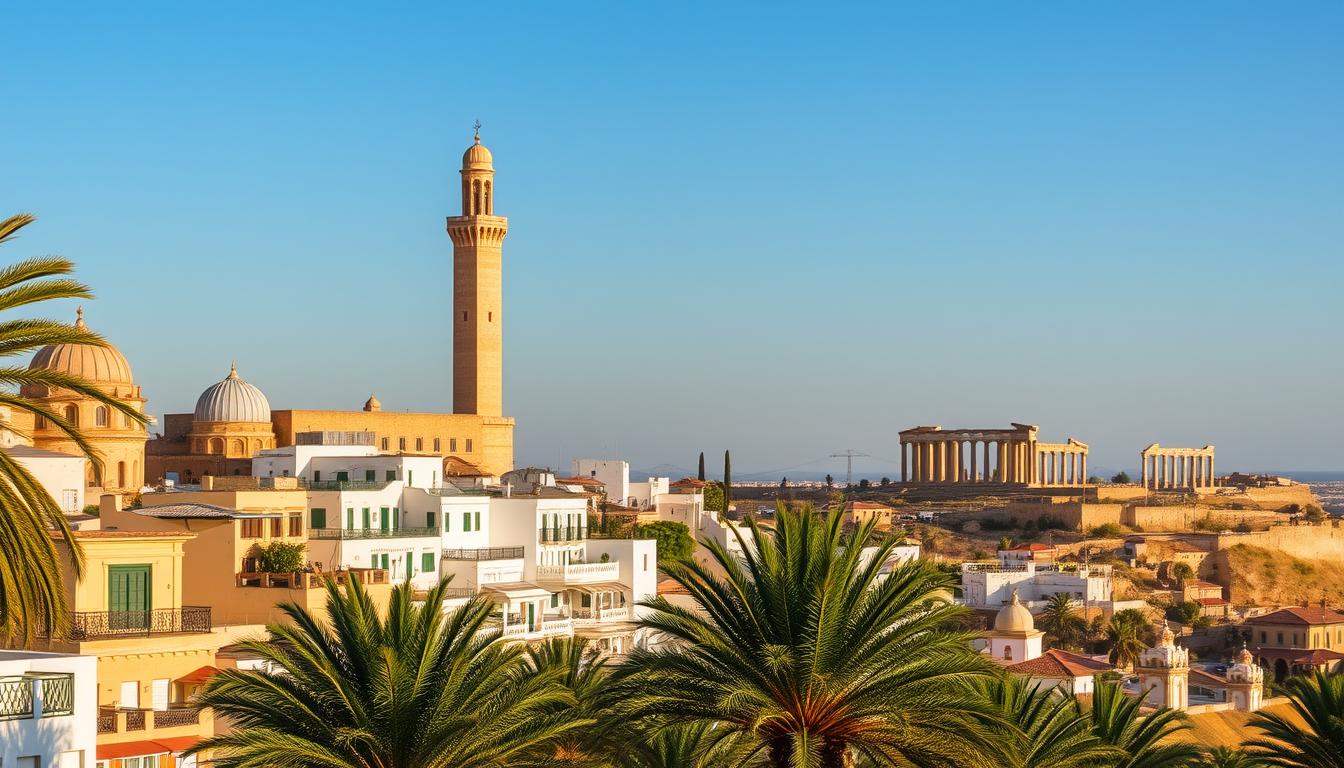 A sweeping panorama of Tunisia's iconic landmarks, bathed in the warm glow of the Mediterranean sun. In the foreground, the ancient fortified town of Kairouan, its minaret and domes rising majestically against the azure sky. Nearby, the shimmering white-washed buildings of Sidi Bou Said cascade down the hillside, their intricate balconies and wrought-iron railings casting delicate shadows. In the distance, the magnificent Roman ruins of El Djem stand tall, a testament to the country's rich history. The scene is framed by lush palm trees swaying gently in the breeze, creating a serene and enchanting atmosphere. www.SA1932.com