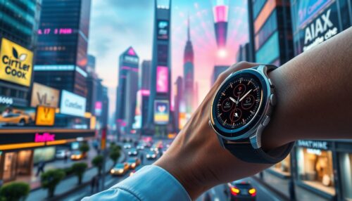 A vibrant cityscape with futuristic skyscrapers and bustling streets. In the foreground, a person checks the time on their sleek, modern smartwatch, its display reflecting the glow of the urban landscape. The watch face showcases a range of digital features, from fitness tracking to weather updates, highlighting the device's integration into the wearer's daily life. The middle ground features pedestrians and vehicles, all seemingly connected by the ubiquitous presence of the smartwatches. In the background, a kaleidoscope of neon lights and holographic projections create an atmosphere of technological innovation and advancement, reinforcing the importance of these intelligent timepieces in our modern, fast-paced world.