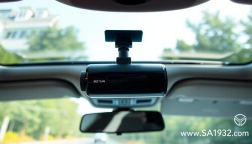 A wide-angle camera view of a sleek, modern dashboard camera mounted on the windshield of a car. The camera has a glossy, black metallic finish and a discreet, minimalist design. The image is well-lit, with natural daylight streaming in through the windshield, casting a soft, even glow across the dashboard. The camera is positioned to capture a panoramic view of the road ahead, offering a comprehensive visual coverage. The overall scene conveys a sense of high-quality, uncompromising performance and seamless integration with the vehicle's interior. A discrete logo for "www.SA1932.com" is visible in the bottom right corner of the frame.