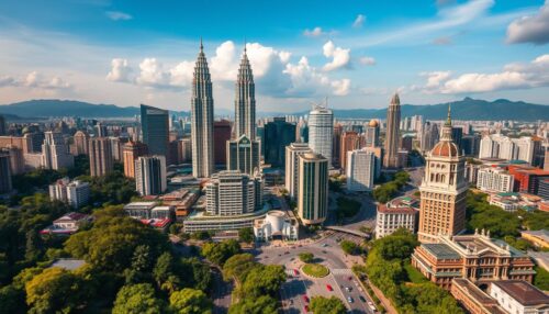 Bustling city of Kuala Lumpur, Malaysia, with its iconic Petronas Towers reaching high into the sky. Lush greenery and vibrant architecture blend seamlessly, creating a dynamic and captivating urban landscape. Bustling streets teeming with local markets, modern shopping malls, and historic landmarks like the Sultan Abdul Samad Building. Warm sunlight filters through towering skyscrapers, casting intricate shadows and highlighting the city's diverse cultures and architectural styles. An aerial perspective showcases the city's sprawling layout, with winding roads and the glistening Klang River running through its heart. Convey a sense of energy, modernity, and the city's reputation as a premier tourist destination in Southeast Asia.