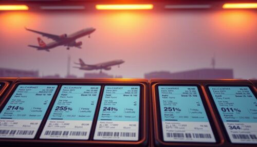 Detailed travel booking interface with rows of discounted airline tickets and price tags. Sleek modern design in cool blue and white tones. Aircraft silhouettes in the background with a sense of motion and exploration. Minimalist layout with focus on key information like flight dates, destinations, and prices. Subtle grid structure and clean typography create an organized, user-friendly experience. Warm lighting from above casts a soft glow, evoking a sense of anticipation and wanderlust. High-quality rendering with a photorealistic finish.