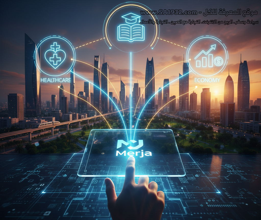 "A clean, realistic mockup of the 'Merja' platform dashboard on a laptop screen and a smartphone screen side-by-side. The interface should show a personalized welcome message, widgets for 'My Info', 'Popular Services', and 'Notifications' in Arabic, designed with a user-friendly and modern aesthetic. --ar 16:9"