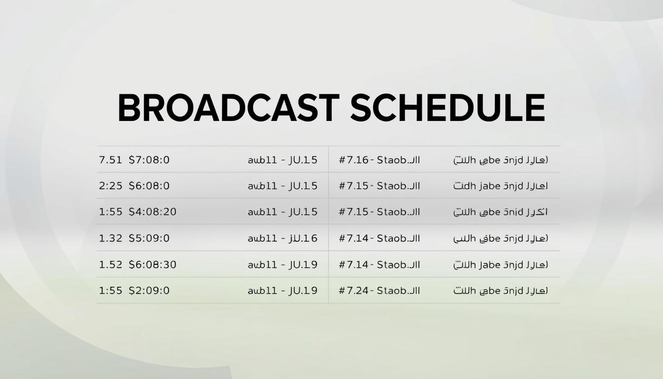 A detailed, minimalist broadcast schedule for eight Saudi Professional League channels, depicted in a clean, organized manner. The schedule is presented against a muted, soft-focus background, with a subtle grid pattern to guide the viewer's eye. The text is rendered in a legible, professional font, with a balance of bold and regular weights to establish hierarchy. The overall aesthetic conveys a sense of authority and informative clarity, suitable for a specialized sports media article.
