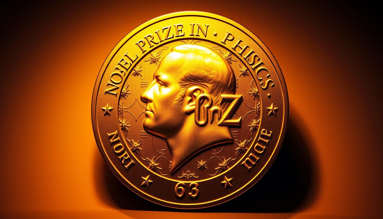 A majestic Nobel Prize medal in Physics, gleaming under warm studio lighting. The golden medallion is prominently displayed, its intricate details and engraved text capturing the prestigious nature of this award. The background is a subtle gradient, allowing the medal to take center stage. The lighting casts dramatic shadows, emphasizing the depth and three-dimensional form of the medal. Meticulously rendered to showcase the craftsmanship and significance of the Nobel Prize in Physics, as awarded by the Nobel Foundation. www . SA1932 . com