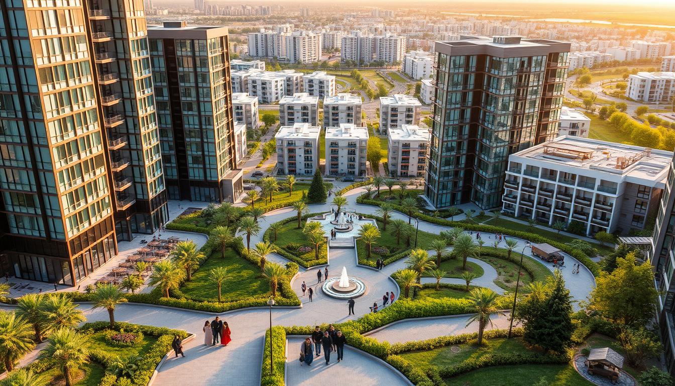 A modern housing complex with sleek glass and steel towers, surrounded by lush green landscaping and outdoor recreation areas. The buildings have a mix of residential and commercial spaces, with clean architectural lines and a contemporary aesthetic. Warm sunlight filters through the windows, creating a welcoming atmosphere. In the foreground, a group of people are walking along a paved pathway, surrounded by vibrant flora. The mid-ground features a central plaza with fountains and seating areas. In the background, a mix of high-rise and medium-density residential buildings can be seen, all within a well-planned urban layout. The overall scene conveys a sense of progress and livability, reflecting the vision of Saudi Arabia's housing initiatives. www.SA1932.com