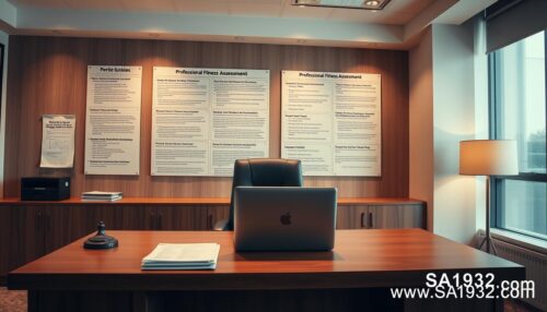 A professional office setting with a large desk and a comfortable chair. On the desk, a laptop, a stack of documents, and a nameplate that reads "ضوابط فحص اللياقة المهنية". Behind the desk, a wall-mounted display showcases various guidelines and procedures related to professional fitness assessments. The lighting is warm and inviting, creating a sense of authority and diligence. The overall mood is one of organized efficiency and attention to detail. In the bottom right corner, the brand name "www.SA1932.com" is discreetly displayed.