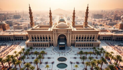 A sweeping bird's-eye view of the majestic King Salman Gate project in the holy city of Makkah, Saudi Arabia. The grand architectural ensemble stands tall, its elegant domes and minarets reaching skyward amidst a backdrop of the ancient Kaaba and the bustling city. Warm sunlight bathes the intricate limestone facades, casting deep shadows that accentuate the ornate detailing. In the foreground, a vast plaza is dotted with palm trees and water features, inviting visitors to explore the seamless integration of modern and traditional design. The overall composition conveys a sense of grandeur, spirituality, and cultural heritage. www . SA1932 . com