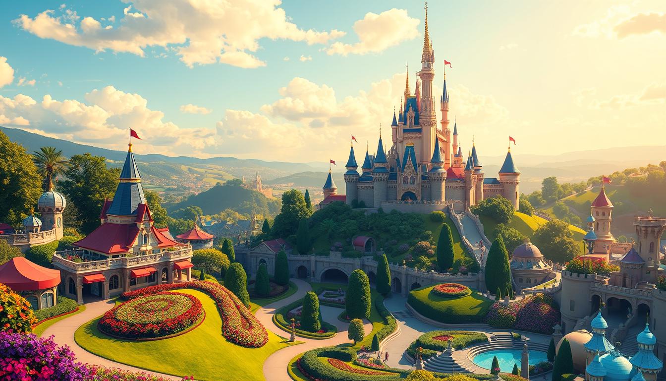 Disneyland Paris, a enchanting European fairytale brought to life. Majestic castle towers atop rolling hills, surrounded by vibrant gardens and meandering pathways. Whimsical rides and attractions dotting the landscape, inviting visitors to enter a world of magic and wonder. Warm sunlight filters through the crisp air, casting a golden glow over the charming Parisian-inspired architecture. www . SA1932 . com