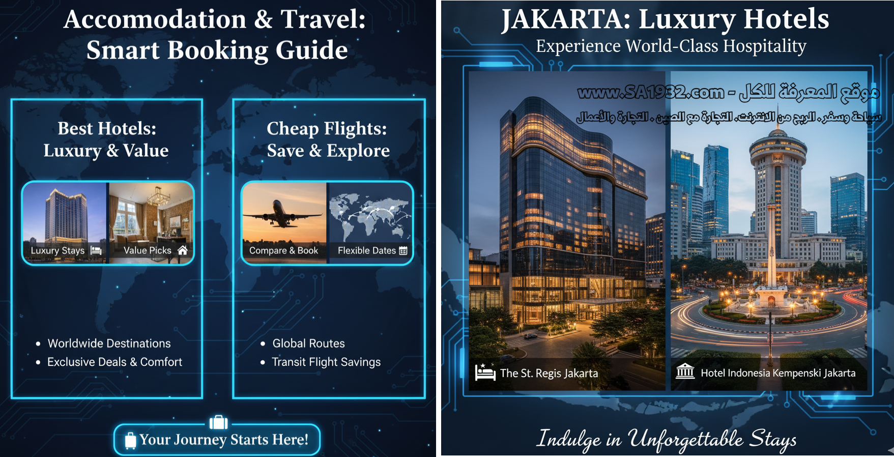 أفضل فندق (فئة فاخرة): تتميز جاكرتا بفنادقها الفخمة ذات المستوى العالمي. يعتبر فندق The St. Regis Jakarta أو Hotel Indonesia Kempinski Jakarta خياراً ممتازاً للمسافرين الباحثين عن الرفاهية والموقع المركزي بالقرب من مناطق التسوق والأعمال الرئيسية.