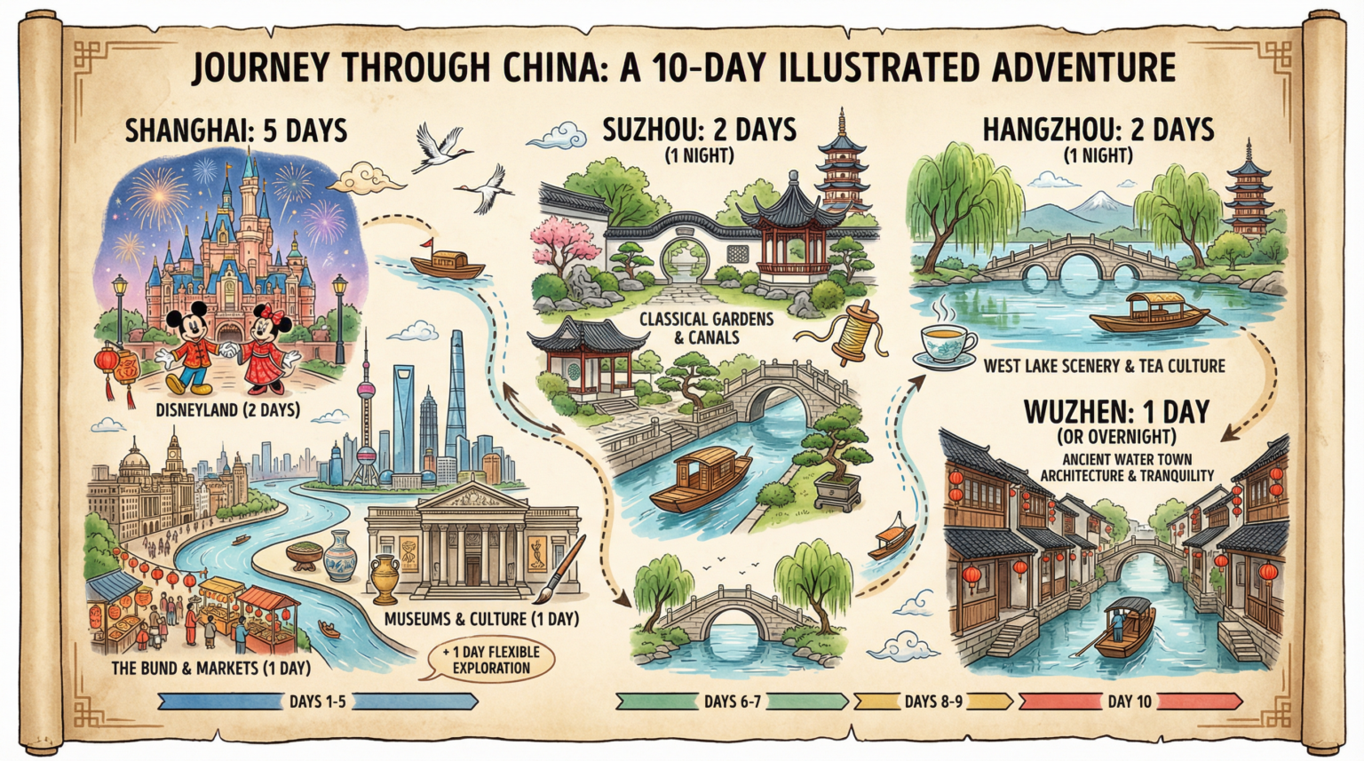 خطة الأيام المقترحة (كم يوم تستحق كل مدينة؟) مدة الرحلة المثالية: 10 - 12 يوماً. التوزيع: شنغهاي: 5 أيام (يومان لديزني، يوم للبوند والأسواق، يوم للمتاحف). سوتشو: يومان (ليلة واحدة تكفي). هانغتشو: يومان (ليلة واحدة). ووتشين: يوم واحد (أو المبيت ليلة لتجربة الهدوء المسائي). تصور لخريطة الرحلة: شنغهاي هي المركز على الساحل. سوتشو تقع غربها مباشرة (قريبة جداً). هانغتشو تقع في الجنوب الغربي. الثلاث يشكلون "المثلث الذهبي السياحي".